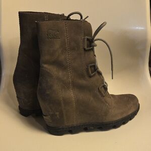 Sorel Joan Of Arctic Lace-Up Wedge Boot in Brown Suede